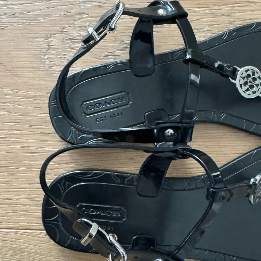 Coach Pansy Black Jelly Sandals with Silvertone Signature Accents Women's 6